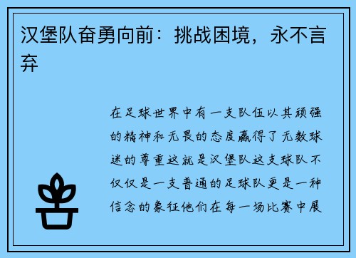 汉堡队奋勇向前：挑战困境，永不言弃