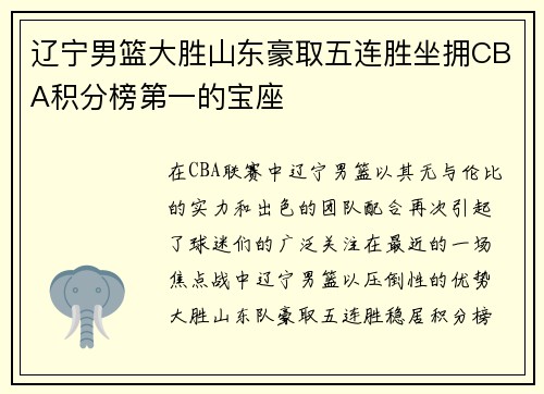 辽宁男篮大胜山东豪取五连胜坐拥CBA积分榜第一的宝座
